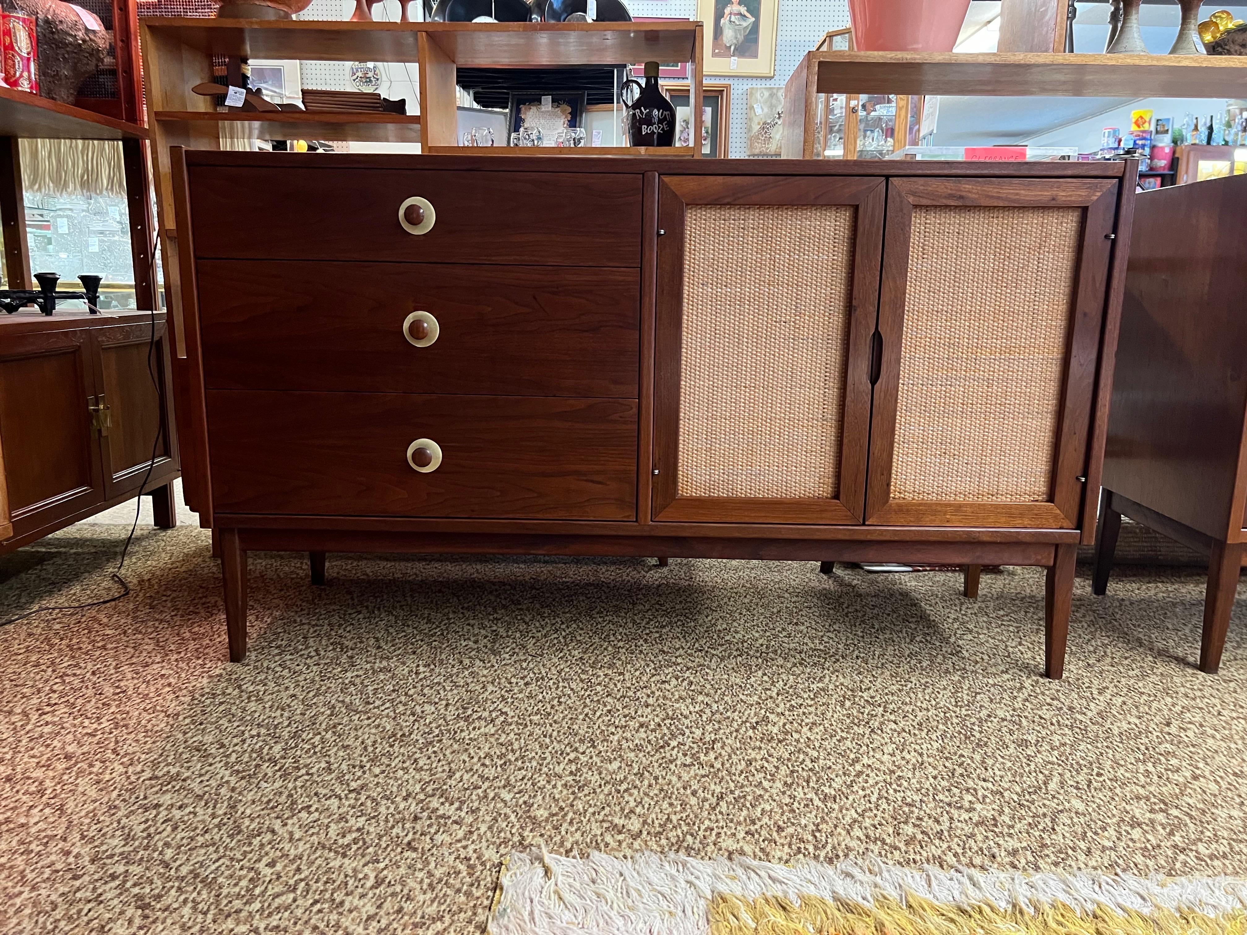 Mid-20th Century Vintage Mid Century Credenza or Buffet with Caning and Dovetailed Drawers For Sale