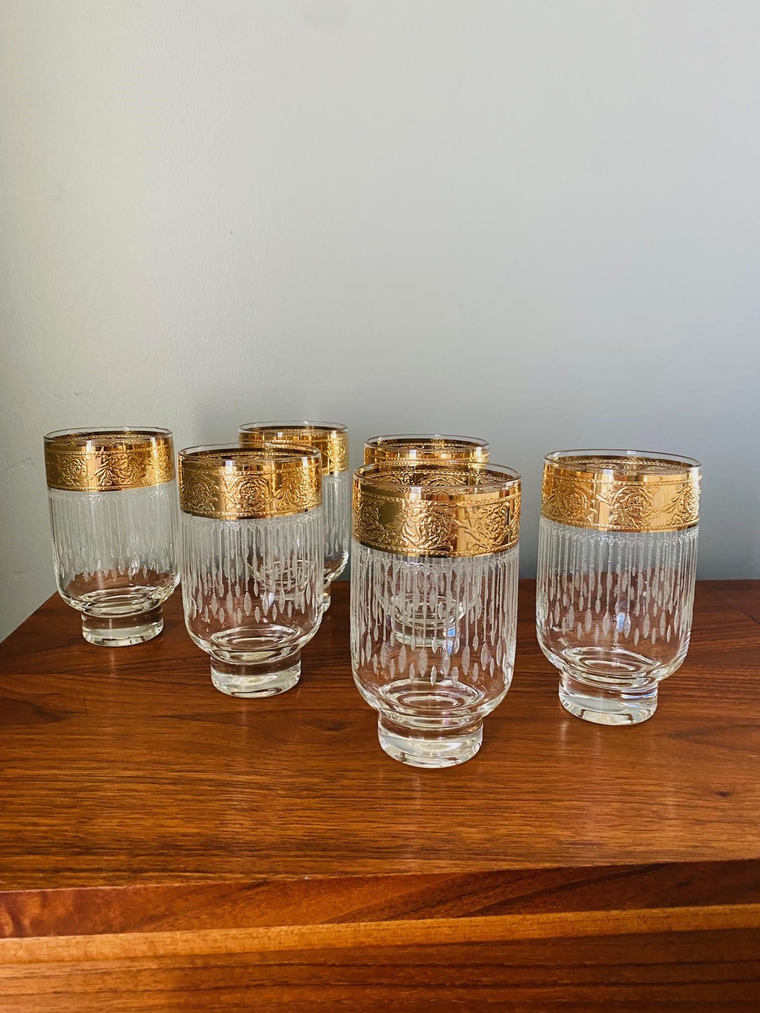 Hand-Crafted Vintage Mid-Century Culver Tyrol 22-K Gold Footed Hi-Ball Glasses Set of 6