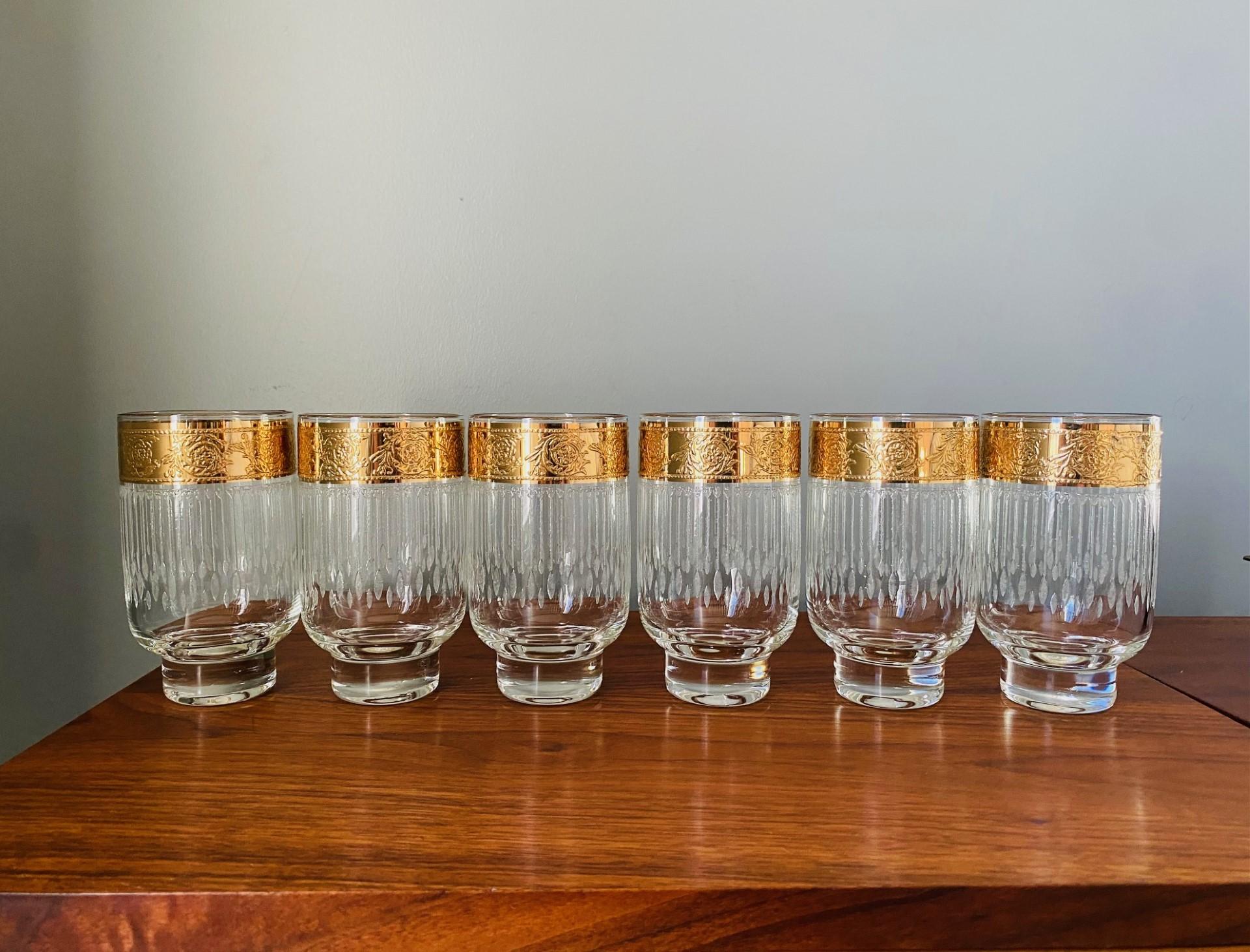 Vintage Mid-Century Culver Tyrol 22-K Gold Footed Hi-Ball Glasses Set of 6 In Good Condition In San Diego, CA