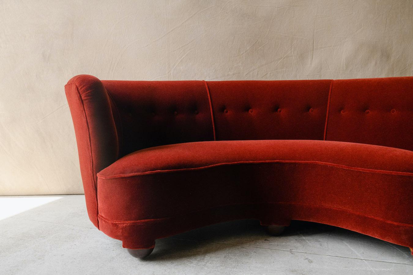 European Vintage Mid Century Curved Sofa In Mohair Velvet From Denmark, Circa 1950