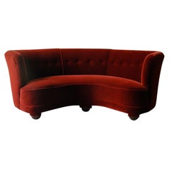 Vintage Mid Century Curved Sofa In Mohair Velvet From Denmark, Circa 1950