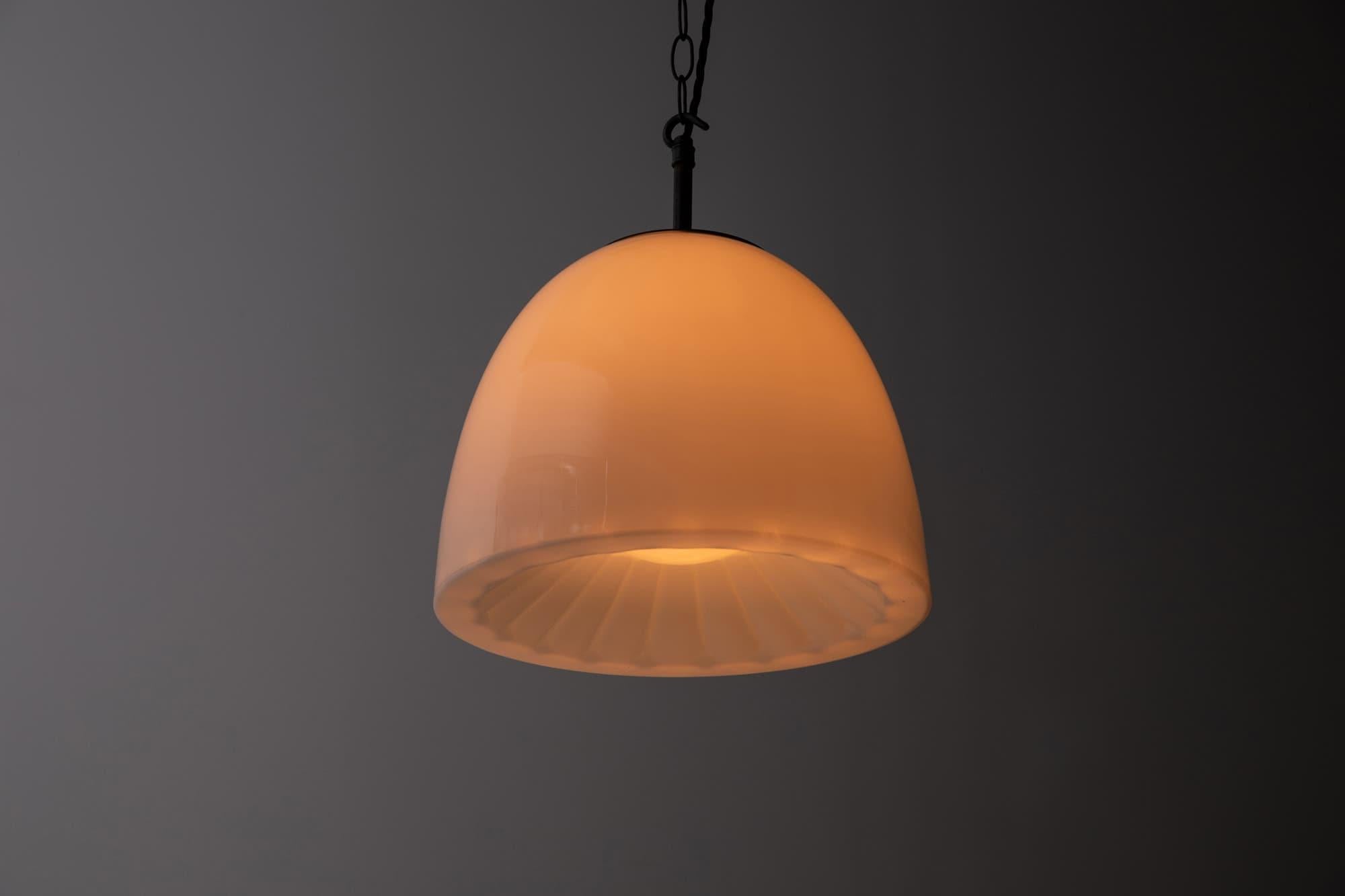 Vintage Mid-Century Czech Moulded Opaline Glass Pendant Light, C.1950 In Good Condition For Sale In London, GB