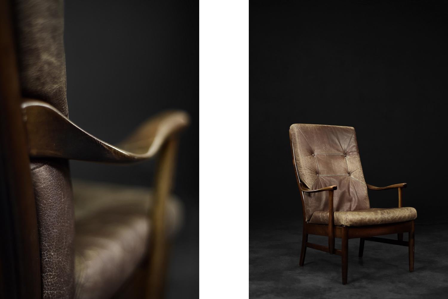 This high armchair was produced by the Danish manufactory Farstrup Møbler during the 1970s. The frame is made of solid beech wood in a dark shade of dark chocolate. The seat and backrest cushion is upholstered in high-quality dark brown natural