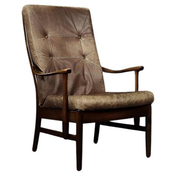 Vintage Midcentury Danish Modern Beech & Leather High Armchair from Farstrup  For Sale