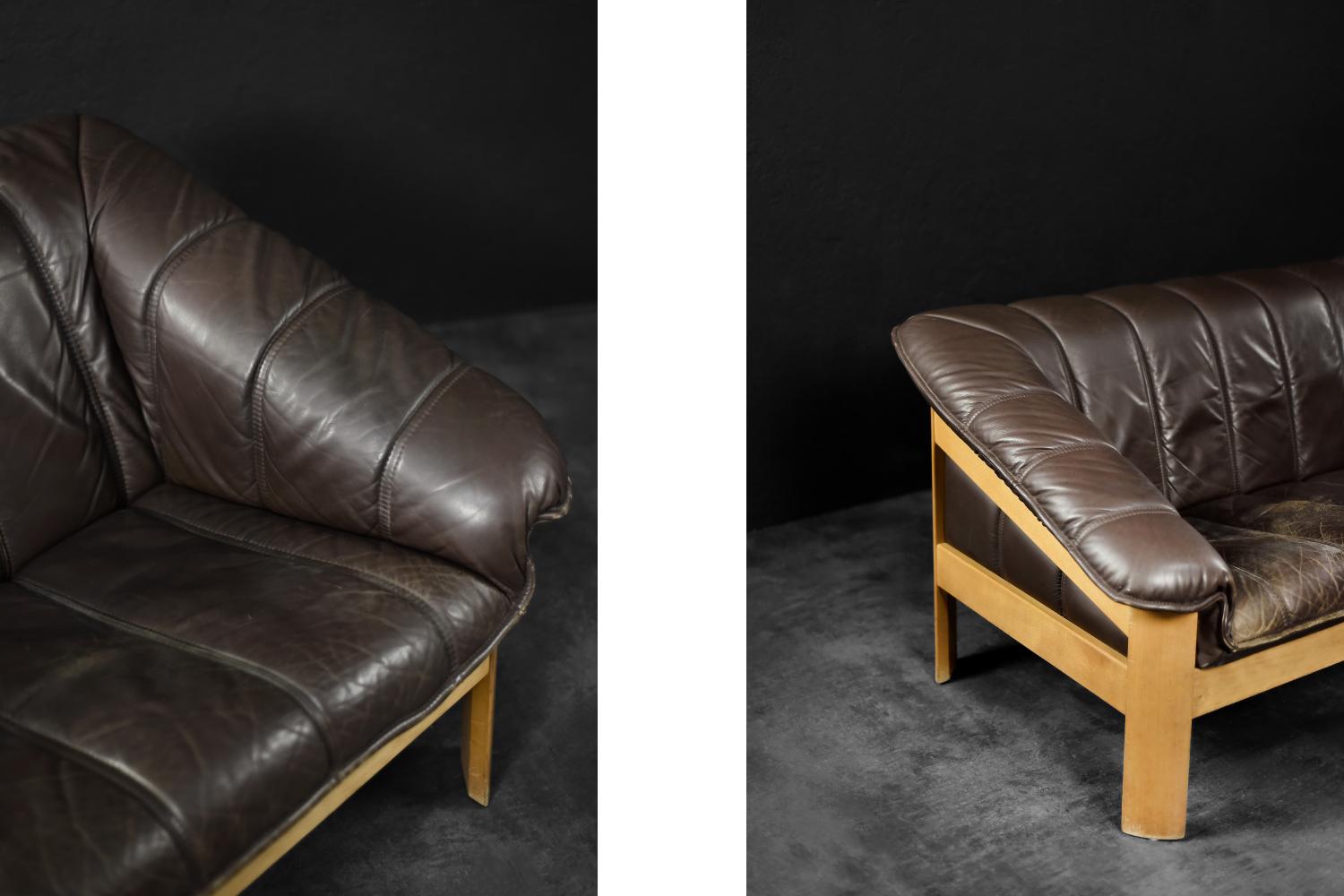 Late 20th Century Vintage Mid-Century Danish Modern Brown Leather 2-Seater Sofa, 1970s For Sale