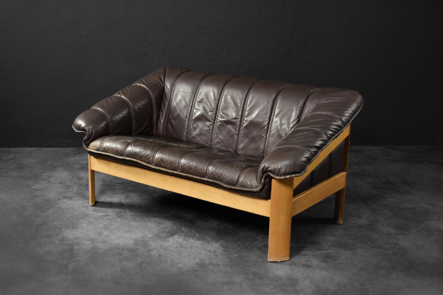 Vintage Mid-Century Danish Modern Brown Leather 2-Seater Sofa, 1970s For Sale 3