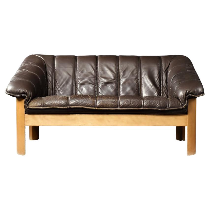 Vintage Mid-Century Danish Modern Brown Leather 2-Seater Sofa, 1970s For Sale
