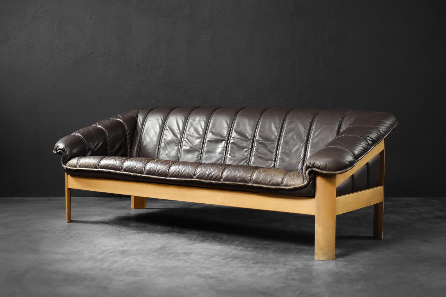 Vintage Mid-Century Danish Modern Brown Leather 3-Seater Sofa, 1970s For Sale 6
