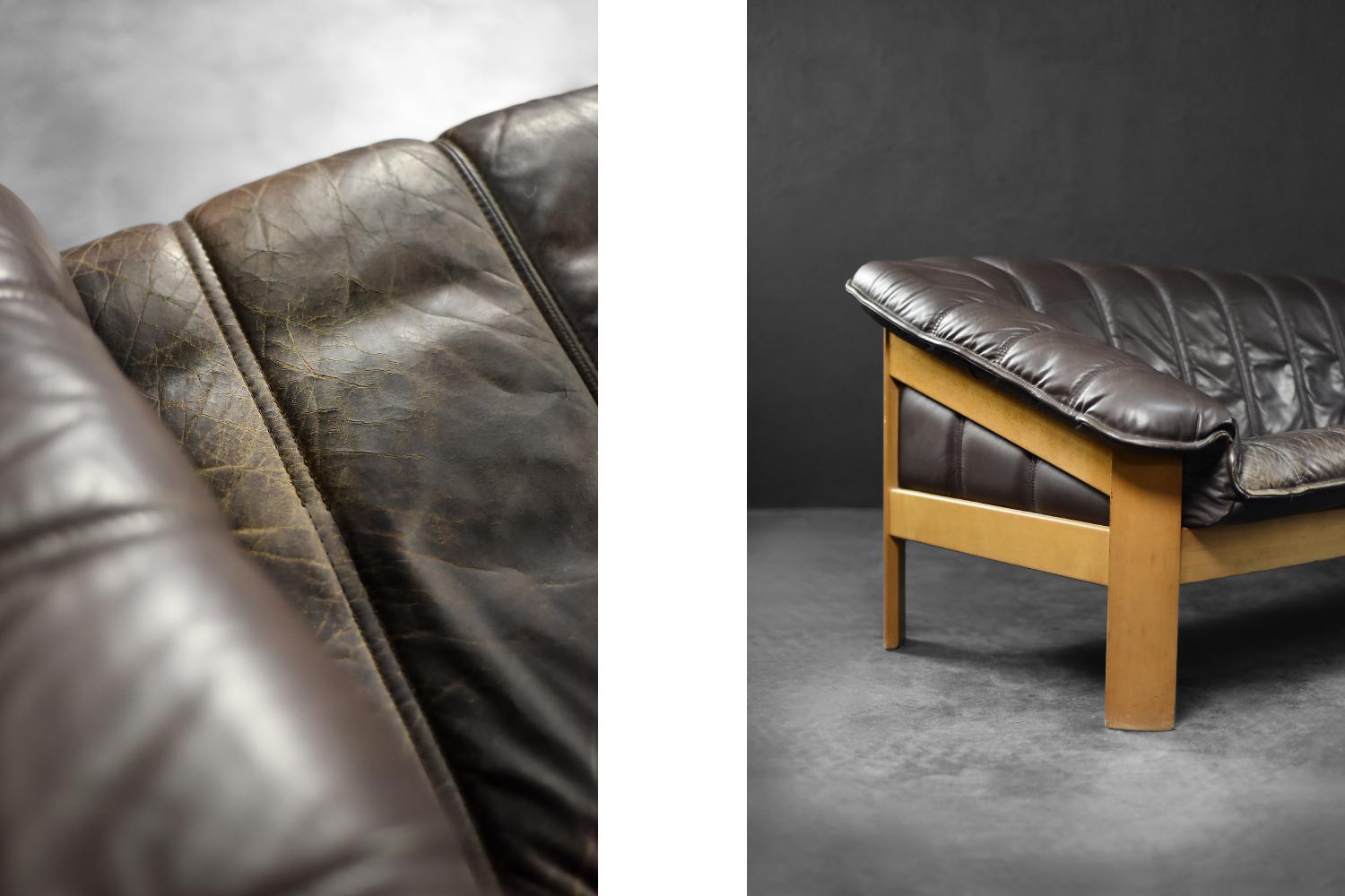 Sofá de 3 plazas Vintage Mid-Century Danish Modern Cuero Marrón, Años 70 en venta 5