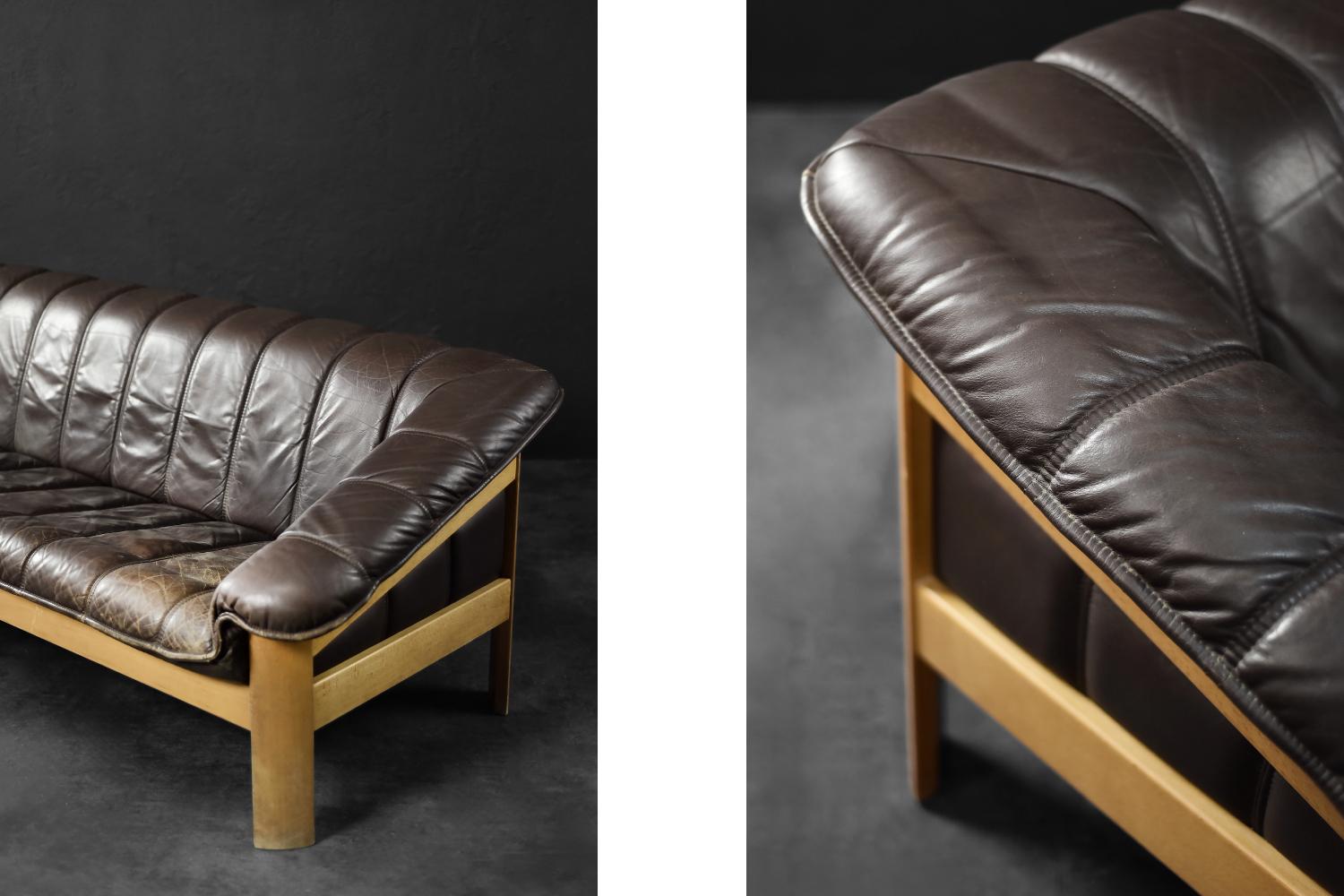 Sofá de 3 plazas Vintage Mid-Century Danish Modern Cuero Marrón, Años 70 en venta 8