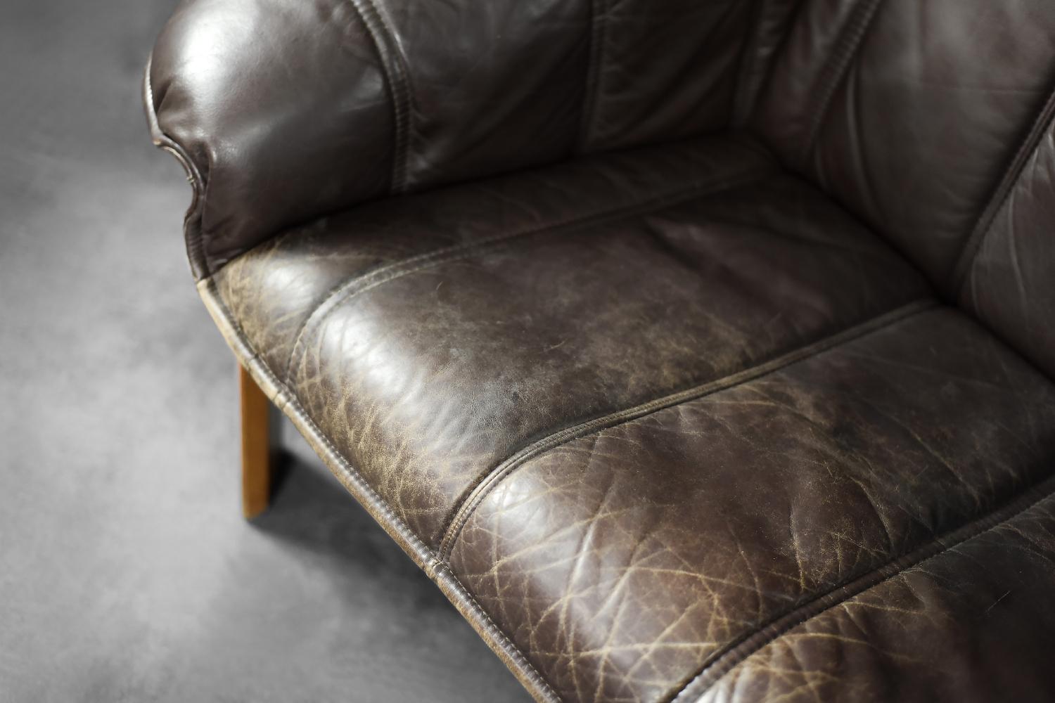 Sofá de 3 plazas Vintage Mid-Century Danish Modern Cuero Marrón, Años 70 Danés en venta