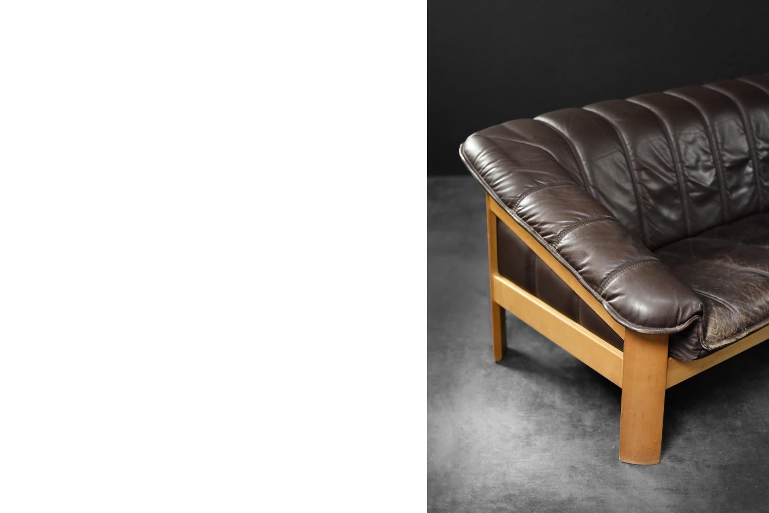 Sofá de 3 plazas Vintage Mid-Century Danish Modern Cuero Marrón, Años 70 en venta 2