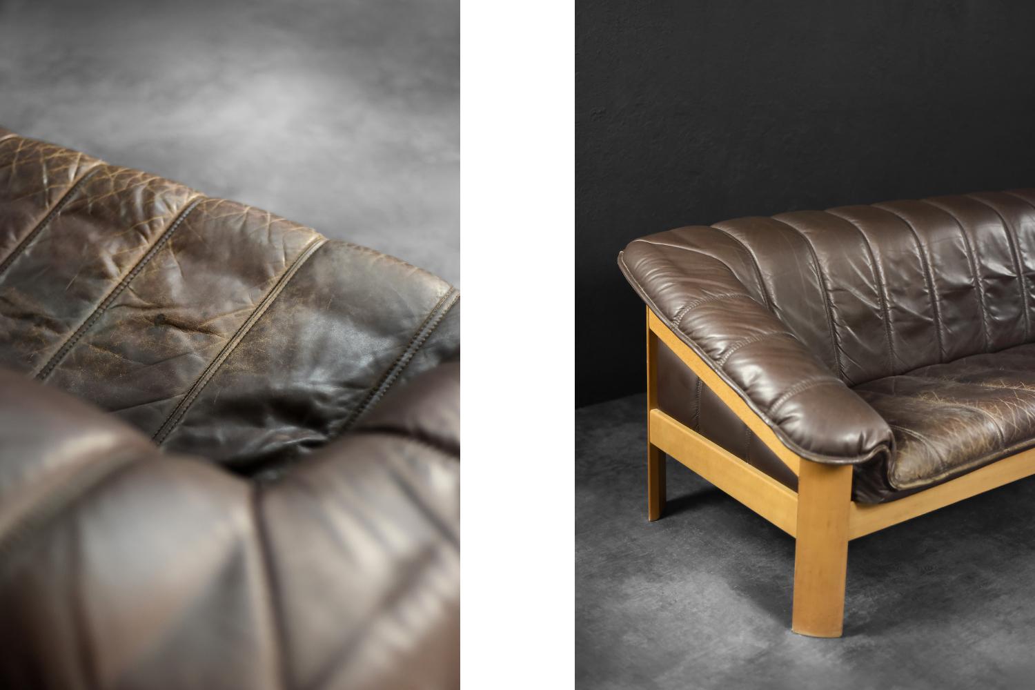 Sofá de 3 plazas Vintage Mid-Century Danish Modern Cuero Marrón, Años 70 en venta 3