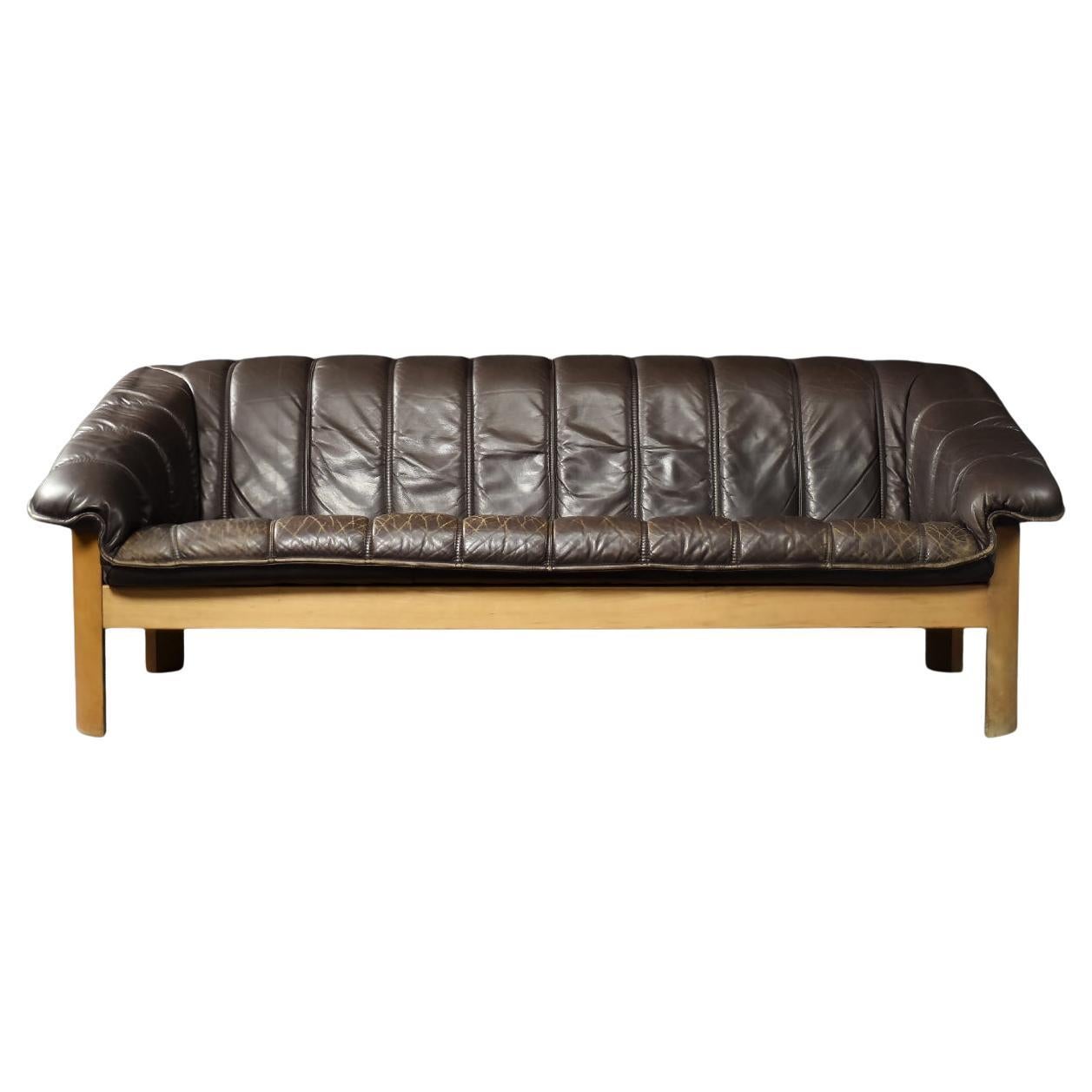 Vintage Mid-Century Danish Modern Brown Leather 3-Seater Sofa, 1970s