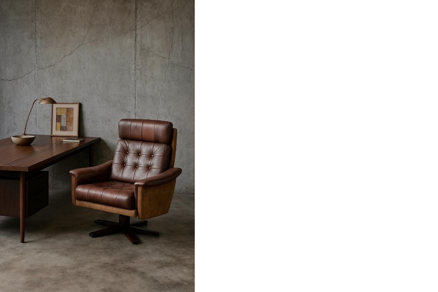 Vintage Mid-Century Danish Modern Brauner Leder Drehsessel von Lystager im Angebot 6