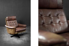 Vintage Mid-Century Danish Modern Brown Leather Swivel Armchair from Lystager