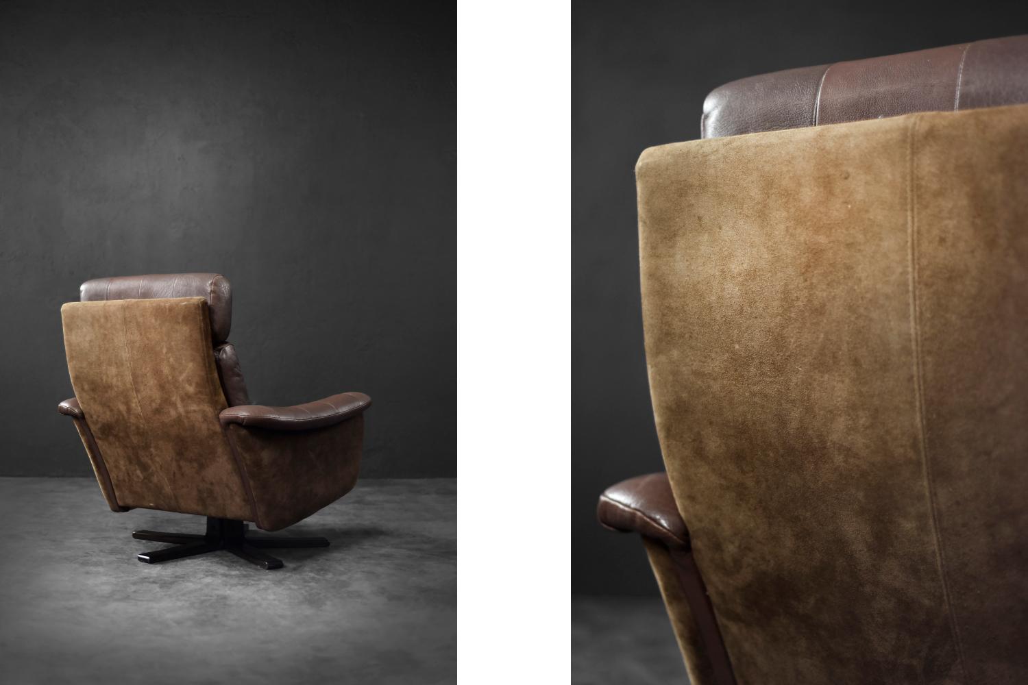 Vintage Mid-Century Danish Modern Brauner Leder Drehsessel von Lystager im Zustand „Gut“ im Angebot in Warszawa, Mazowieckie