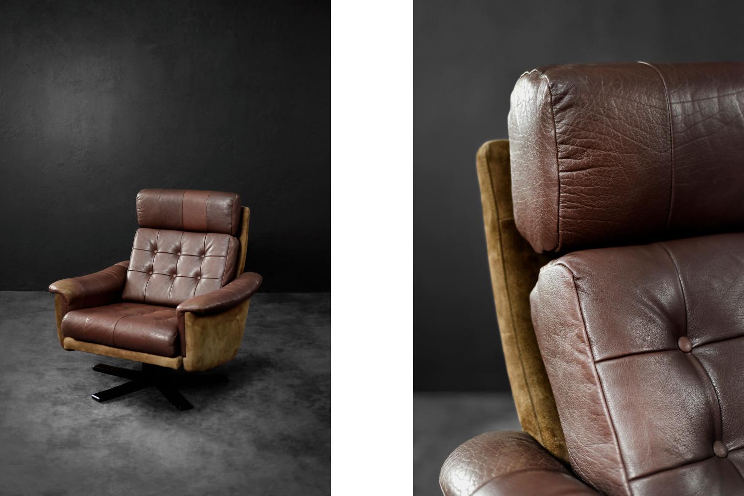 Vintage Mid-Century Danish Modern Brauner Leder Drehsessel von Lystager im Angebot 2