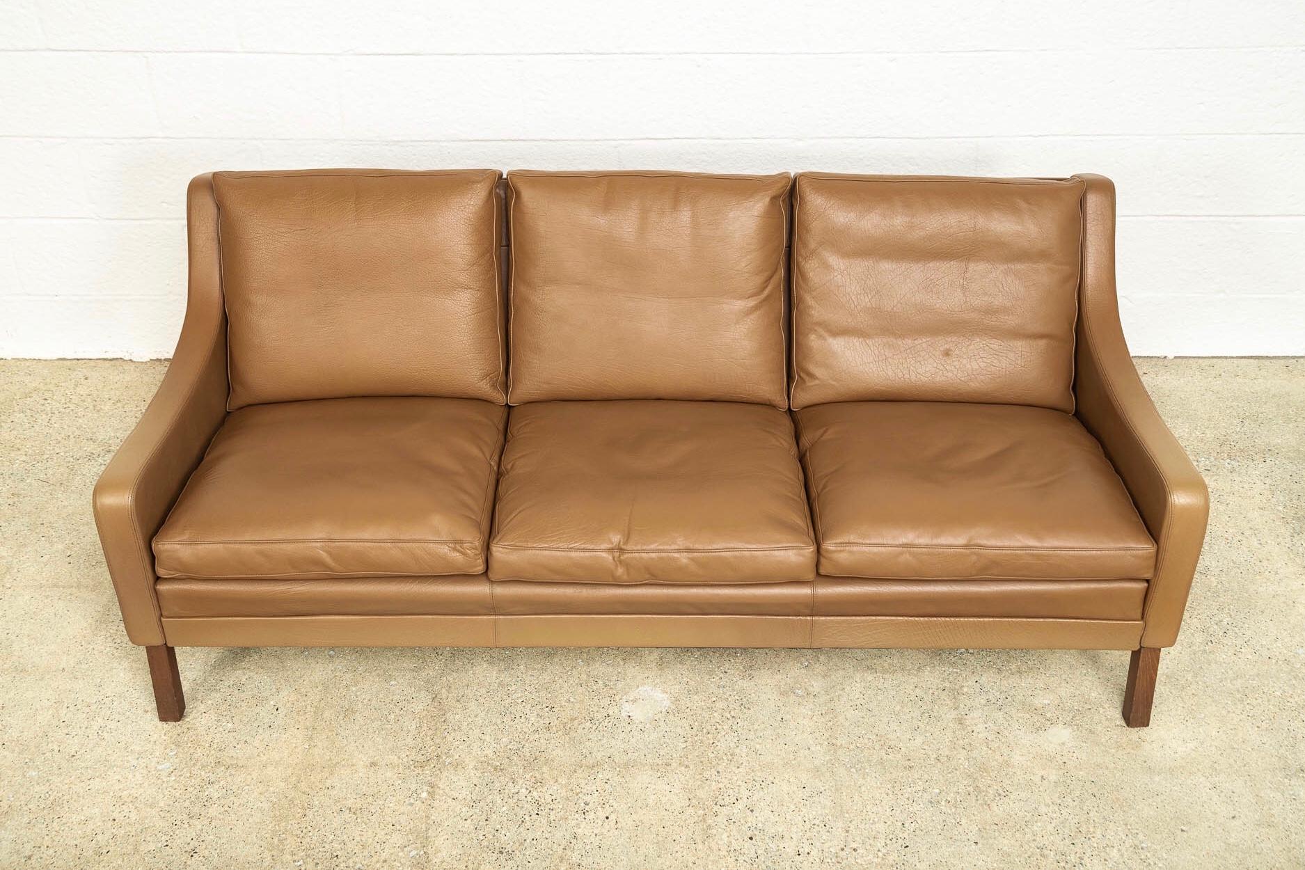 Vintage Midcentury Danish Modern Brown Leather Three-Seat Sofa, 1960s In Good Condition For Sale In Detroit, MI