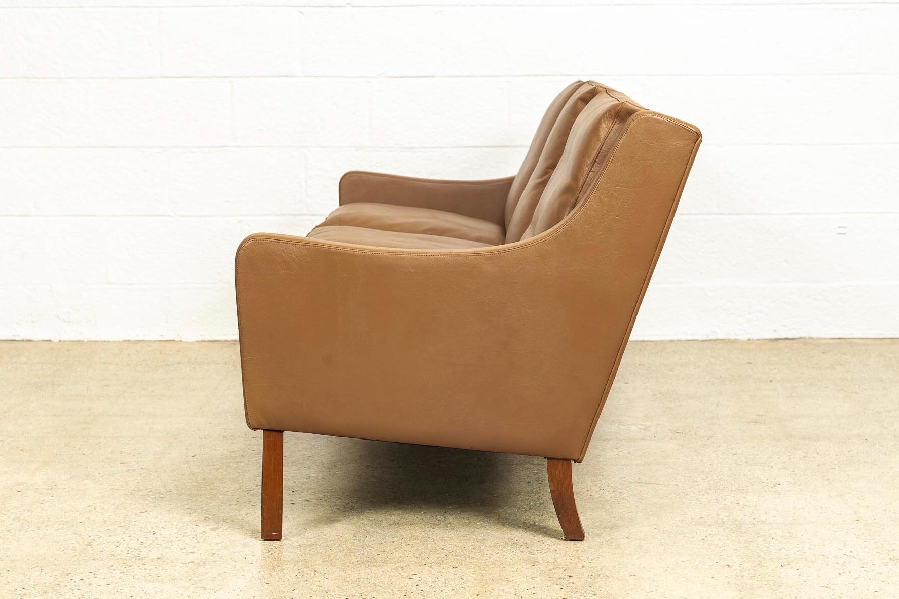 Mid-20th Century Vintage Midcentury Danish Modern Brown Leather Three-Seat Sofa, 1960s For Sale