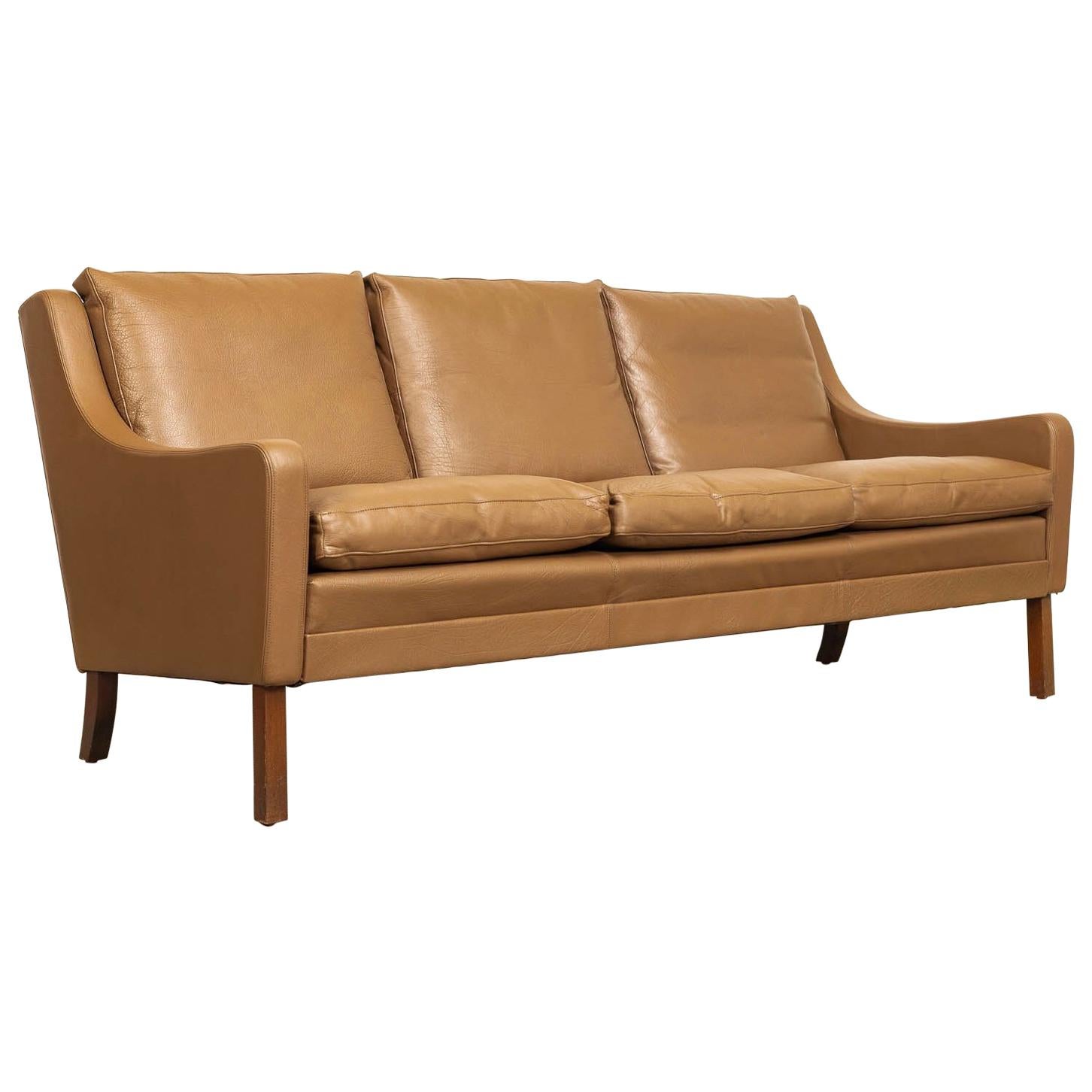 Vintage Midcentury Danish Modern Brown Leather Three-Seat Sofa, 1960s For Sale