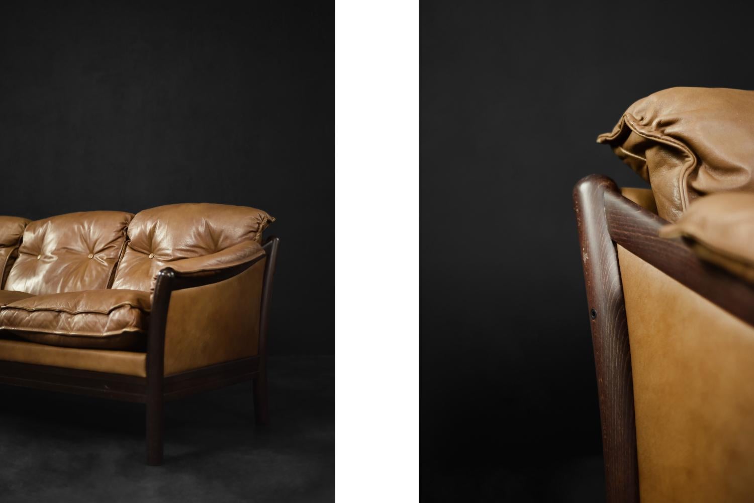 Canapé 3 places danois moderne du milieu du siècle dernier en cuir cognac, années 1960 en vente 5