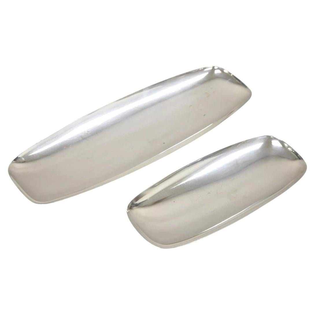 Vintage Mid Century Danish Modern Narrow Silver Plated Footed Dish Tray - 2 Pcs For Sale
