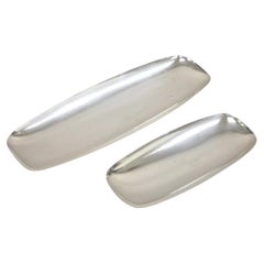 Vintage Mid Century Danish Modern Narrow Silver Plated Footed Dish Tray - 2 Pcs