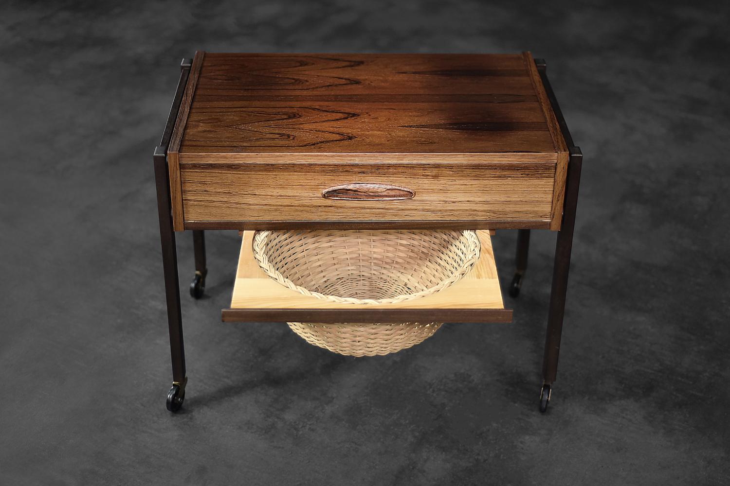 Vintage Midcentury Danish Modern Rosewood Thread Side Table with Wicker Basket For Sale 5