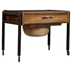 Vintage Midcentury Danish Modern Rosewood Thread Side Table with Wicker Basket