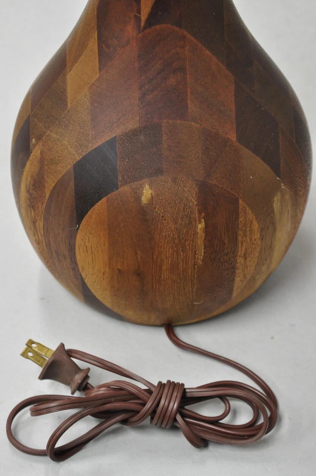 Vintage Mid Century Danish Modern Staved Teak Wood Sculptural Bulbous Table Lamp For Sale 4