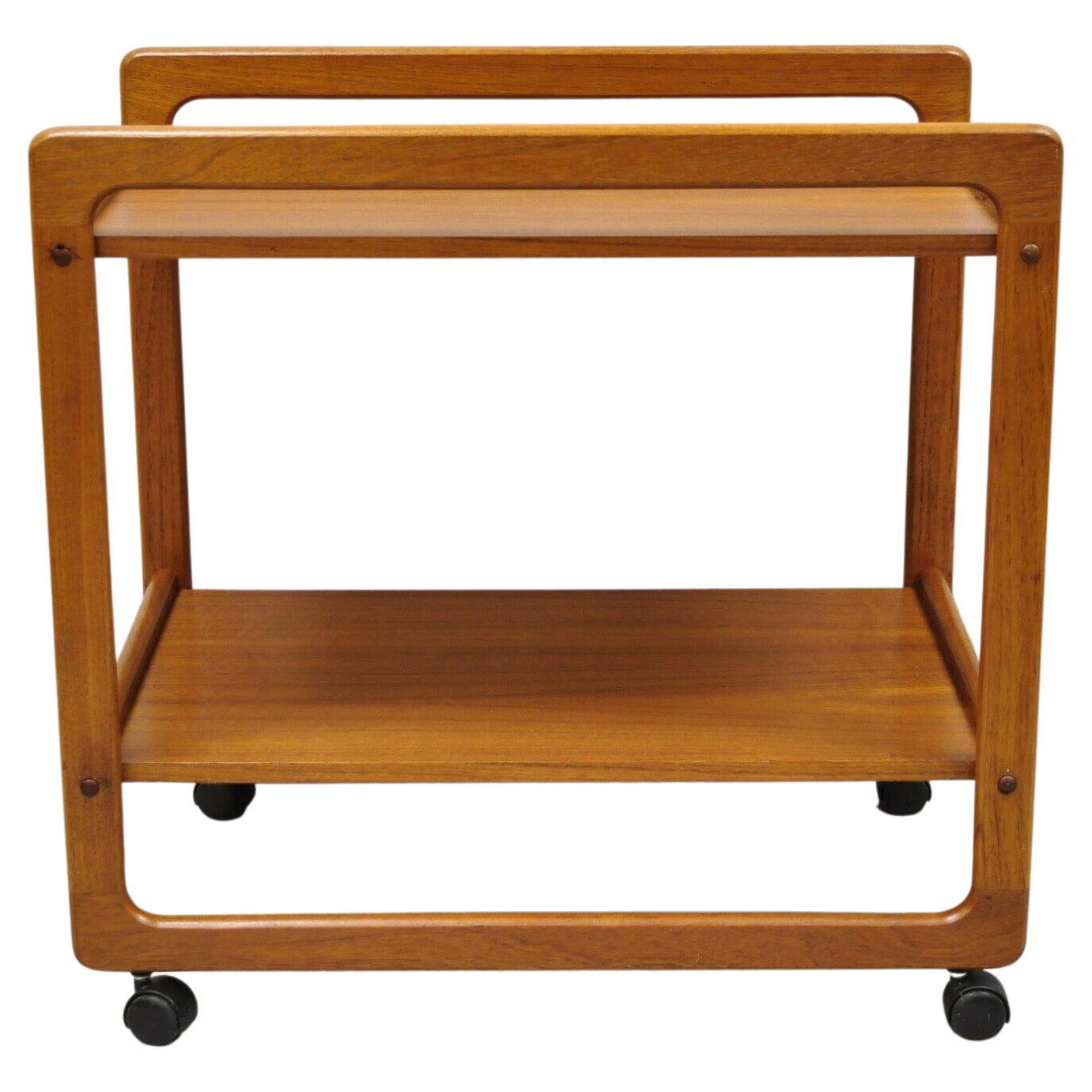 Vintage Midcentury Danish Modern Teak 2 Tier Rolling Bar Cart Server Table For Sale