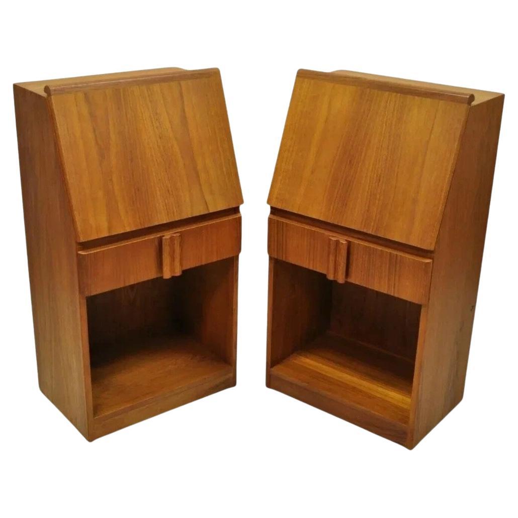 Vintage Mid Century Danish Modern Teak Tall Bedside Cabinet Nightstands - Pair