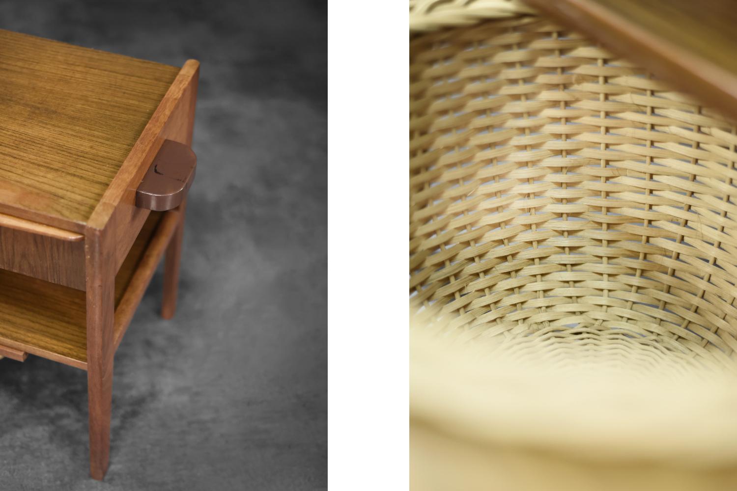 Vintage Mid-Century Danish Modern Teak Thread Side Table con cesto di vimini in vendita 1