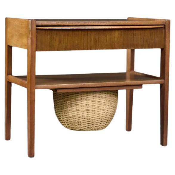 Vintage Mid-Century Danish Modern Teak Thread Side Table with Wicker Basket