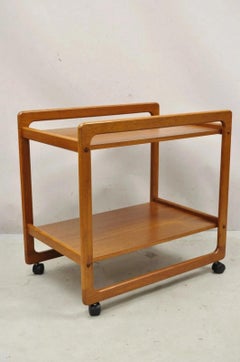 Vintage Mid Century Danish Modern Teak Wood 2 Tier Rolling Bar Cart Side Table