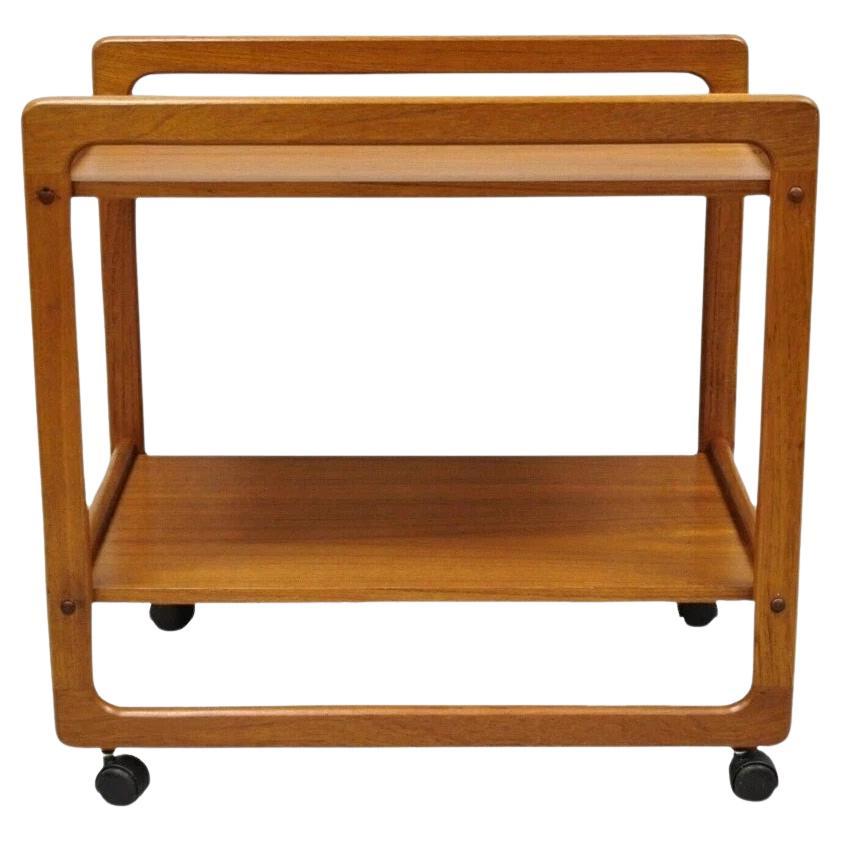 Vintage Mid Century Danish Modern Teak Wood 2 Tier Rolling Bar Cart Side Table