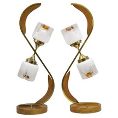 Vintage Mid Century Danish Modern Teak Wood & Brass Sculptural Table Lamp - Pair