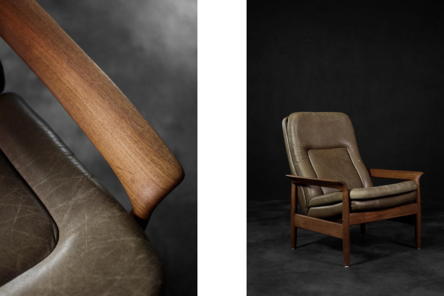 Ce fauteuil moderniste à haut dossier a été fabriqué au Danemark dans les années 1960. Les confortables coussins de dossier et d'assise sont revêtus de cuir naturel de haute qualité dans une nuance claire de marron. Le cuir coloré peut être comparé