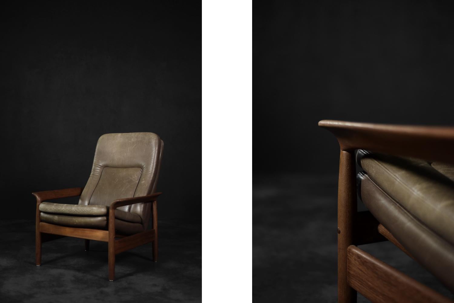 Scandinavian Modern Vintage Mid-Century Danish Modern Teak&Leather Armchair with Reclining Backrest For Sale