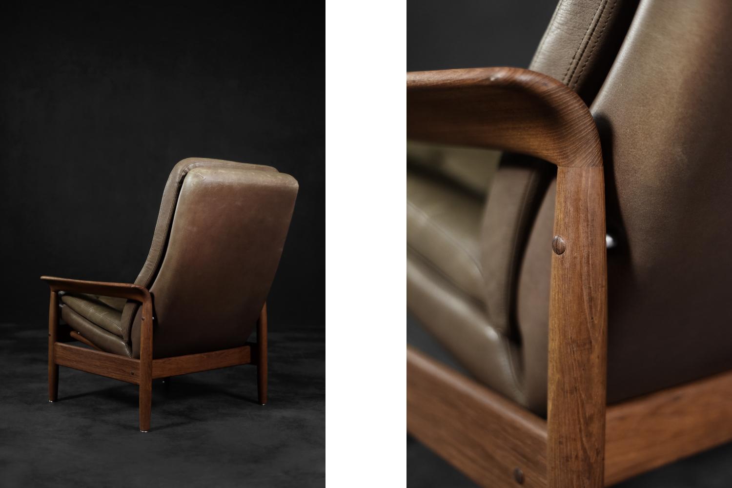 Scandinave moderne Vintage Mid-Century Danish Modern Teak&Leather Armchair with Reclining Backrest (Fauteuil en teck et cuir avec dossier inclinable) en vente