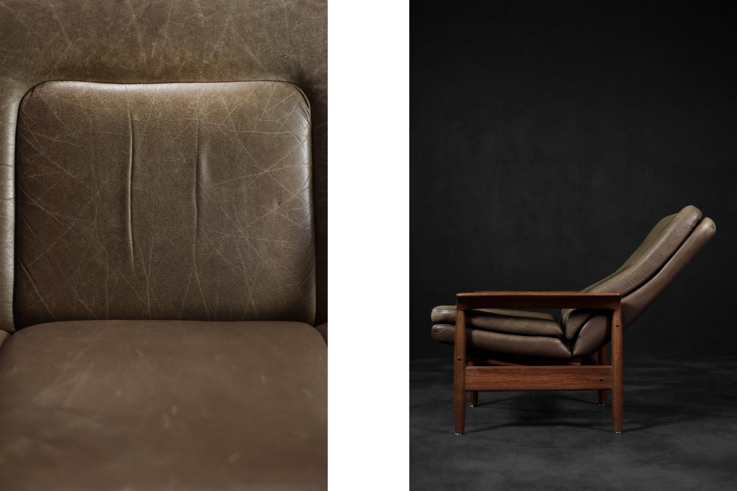 Danois Vintage Mid-Century Danish Modern Teak&Leather Armchair with Reclining Backrest (Fauteuil en teck et cuir avec dossier inclinable) en vente