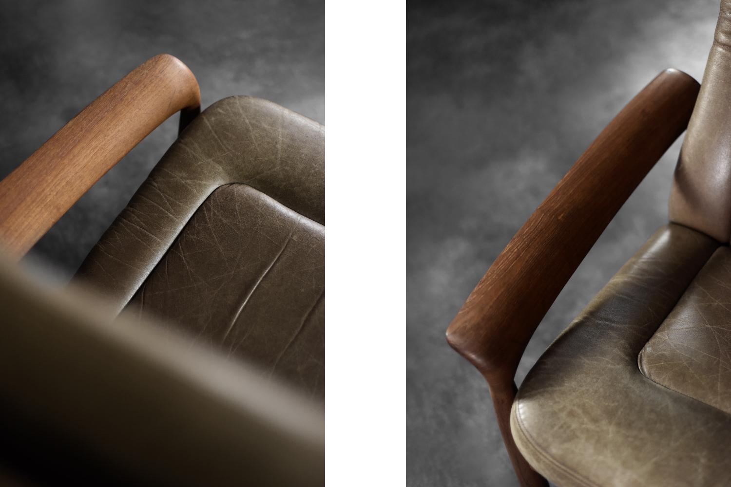 Cuir Vintage Mid-Century Danish Modern Teak&Leather Armchair with Reclining Backrest (Fauteuil en teck et cuir avec dossier inclinable) en vente