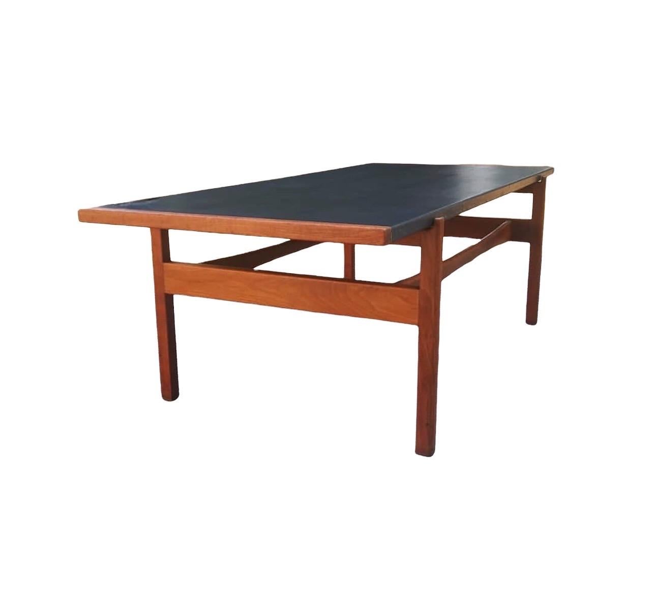 Vintage Mid Century Danish Modern Walnut Black Leather Top Coffee Table