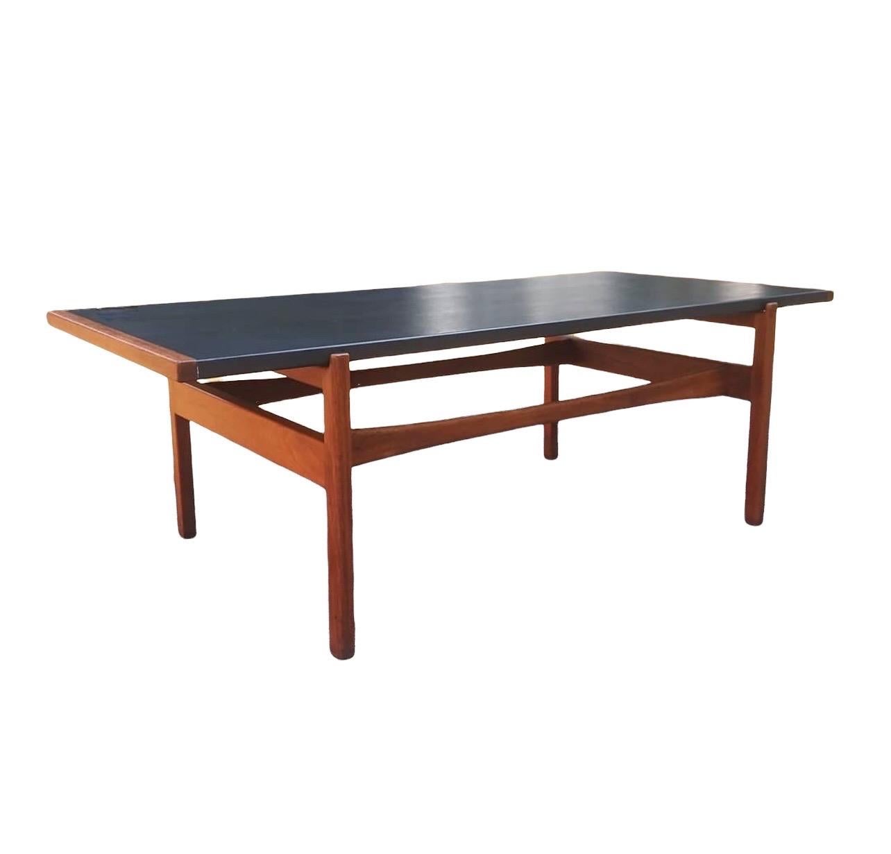 Vintage Mid Century Danish Modern Walnut Black Leather Top Coffee Table