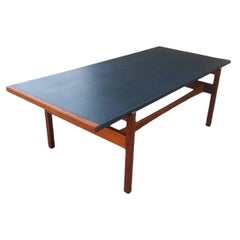 Vintage Mid Century Danish Modern Walnut Black Leather Top Coffee Table