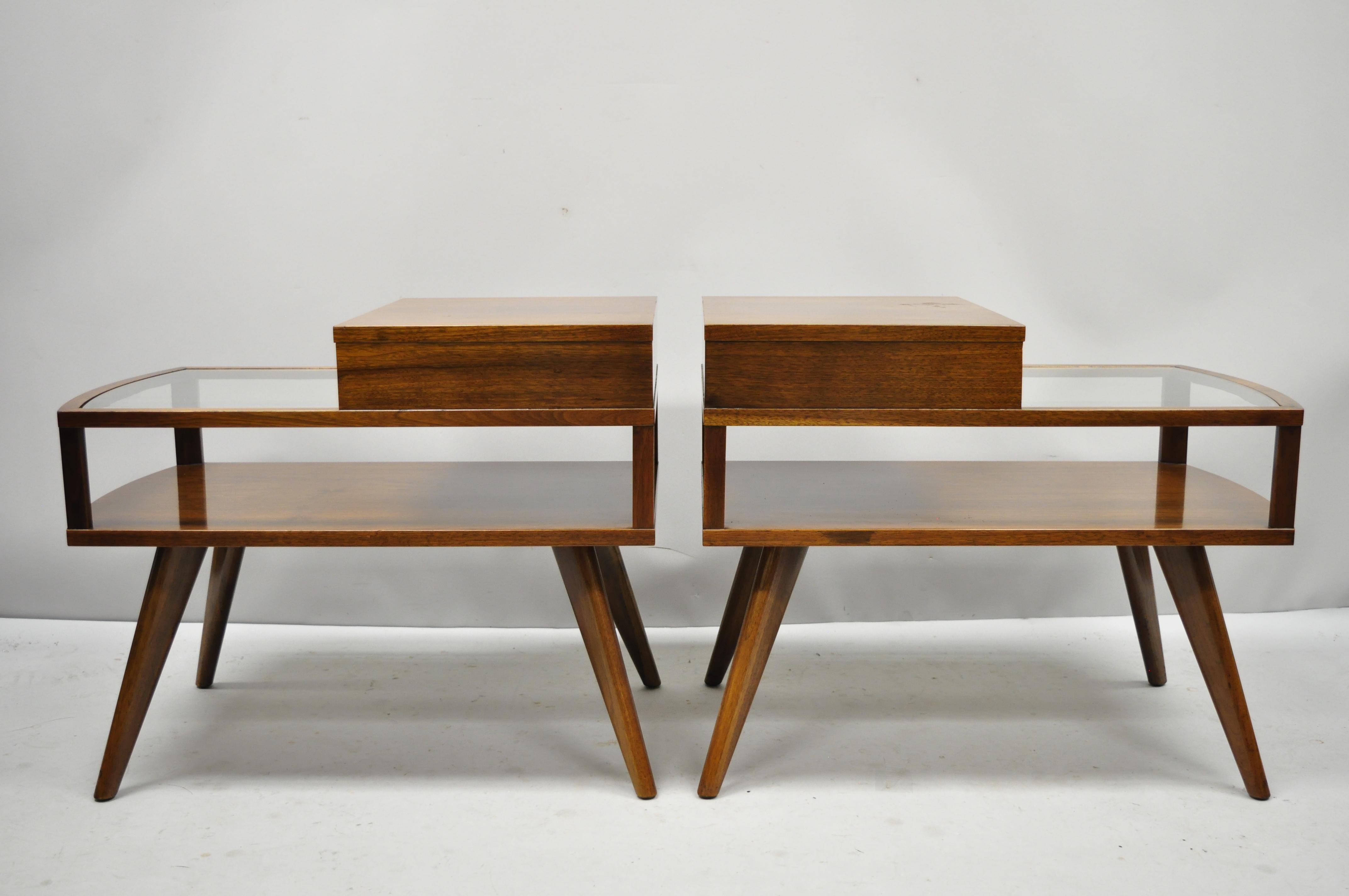 Vintage Midcentury Danish Modern Walnut and Glass Two-Tier Step End Tables 3