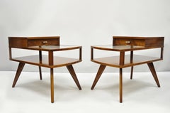 Vintage Midcentury Danish Modern Walnut and Glass Two-Tier Step End Tables