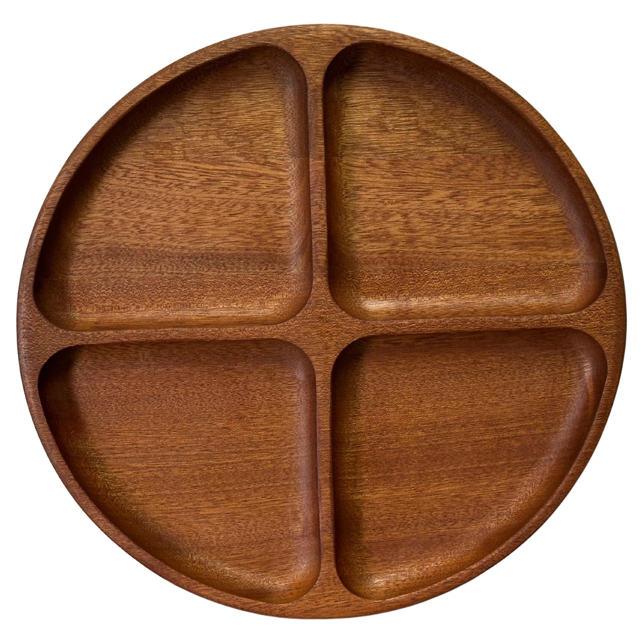 Scandinavian Modern Vintage Mid-Century Danish Teak Round Divided Serving Tray Catch All For Sale