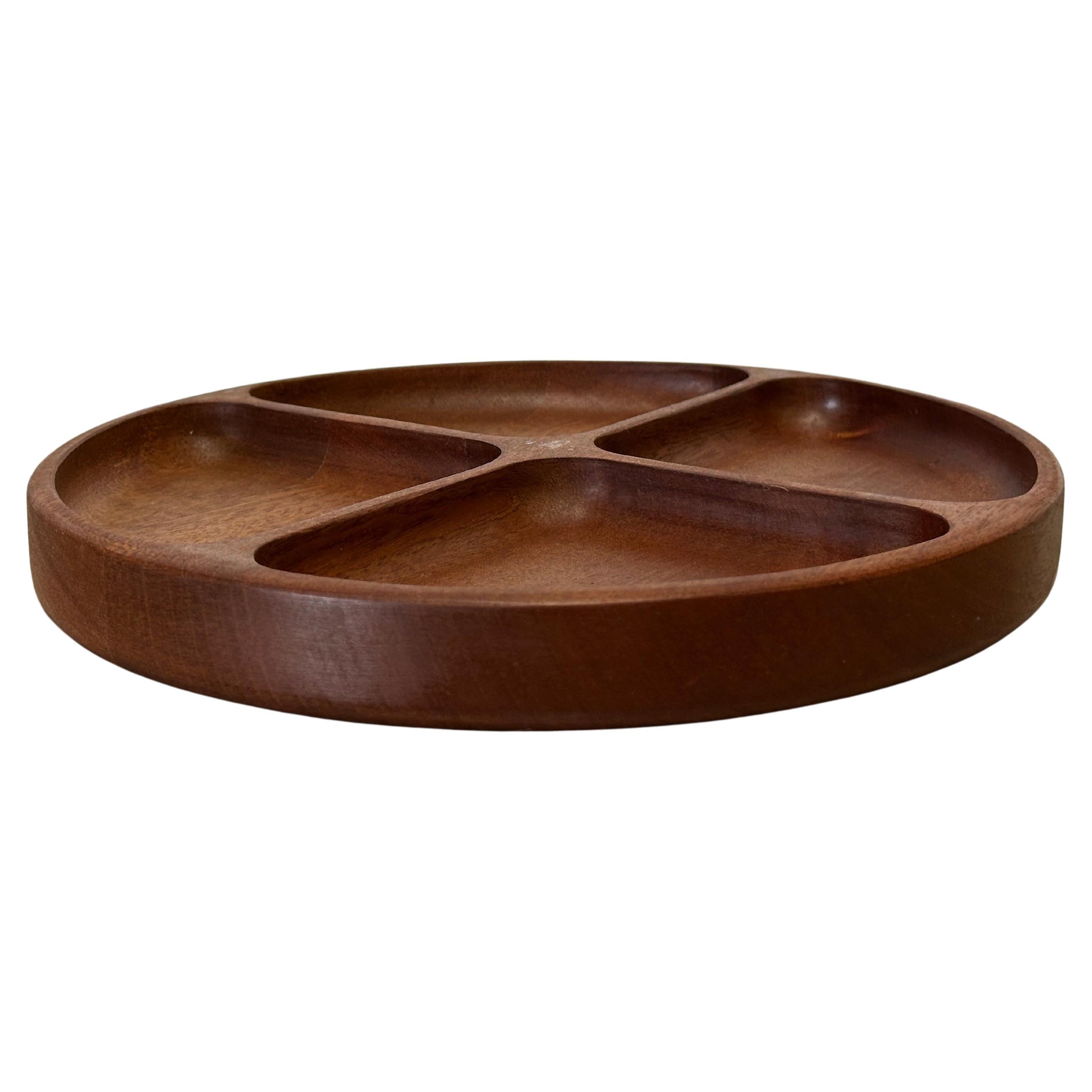 20th Century Vintage Mid-Century Danish Teak Round Divided Serving Tray Catch All For Sale